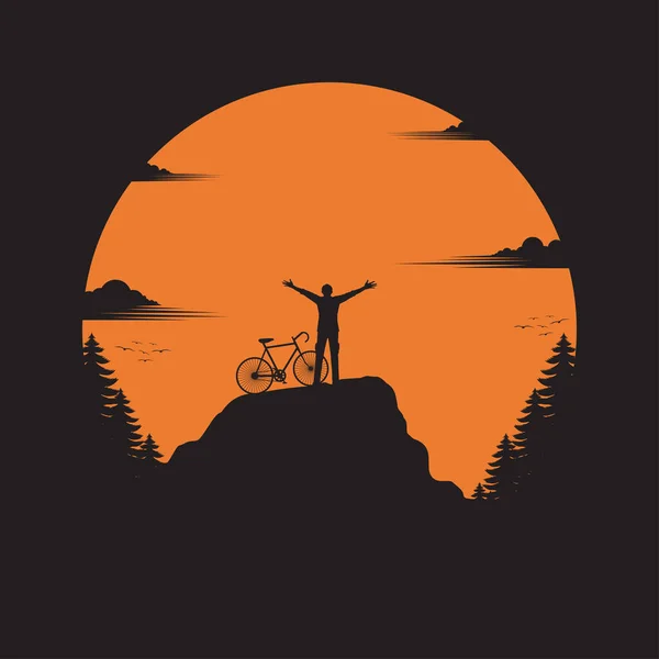 渓谷に立つ旅行者と自転車 — ストックベクタ