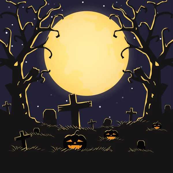Ευτυχισμένο Halloween Νύχτα Φόντο Τρομακτικό Κολοκύθες Και Φεγγάρι Σχέδιο Διακοπών — Διανυσματικό Αρχείο