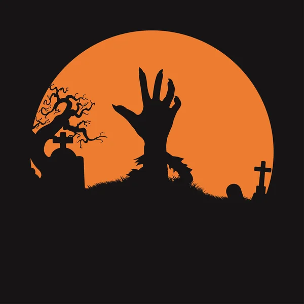 ハロウィーンの休日の背景 不気味な夜に墓地から立ち上がるゾンビの手 ベクトルシルエット コンセプトイラスト — ストックベクタ