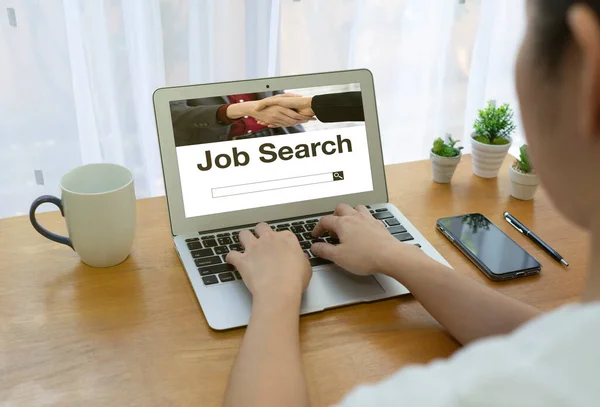Unemployed Woman Using Computer Search Job Internet Being Laid Covid — Stock Photo, Image