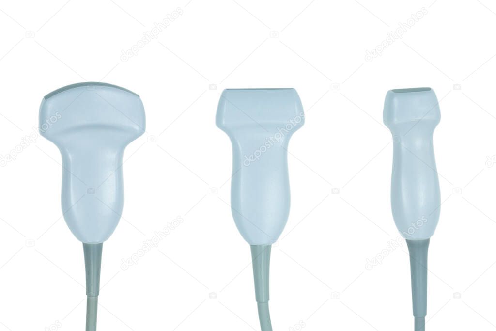 isolated curvilinear or abdominal, cardiac or phased array, and linear transduceron the white background. ultrasound probe and medical equipment concept