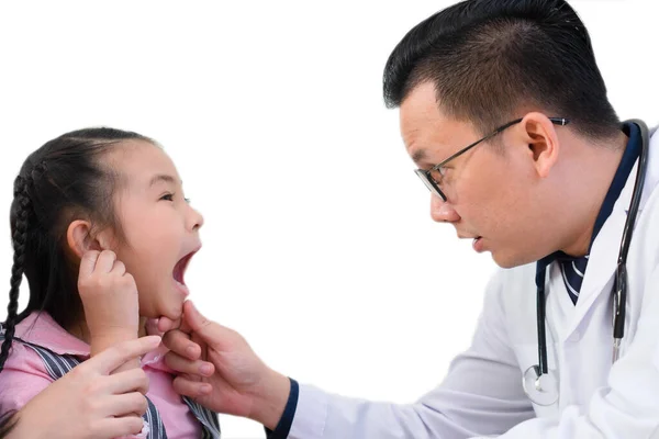 Asian Doctor Looking Mouth Young Girl Who Has Sore Throat — Stock Photo, Image