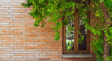 Dışarıdaki turuncu tuğla duvar ve ağaçtan yapılmış binanın penceresinin resmi.