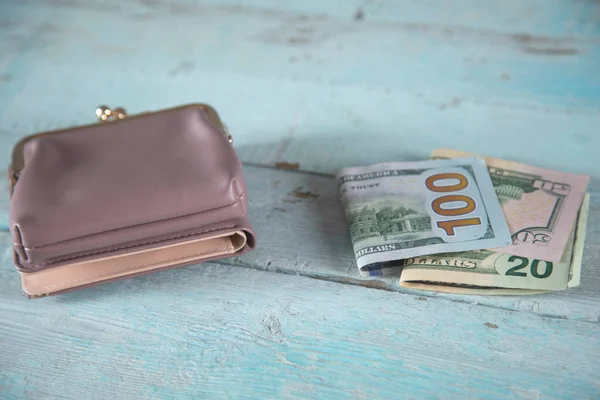 Бумажник Деньги Деревянном Столе — стоковое фото
