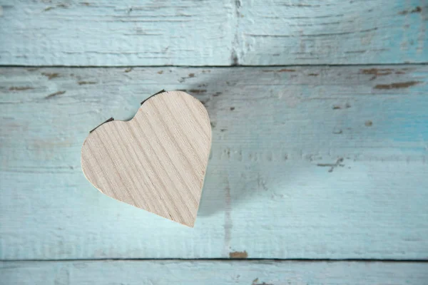 Wooden Heart Blue Table Background — Stock Photo, Image