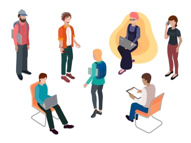  Vektör çizim izometrik 3d ofiste iş başında yaratıcı genç kişilik ekibin 