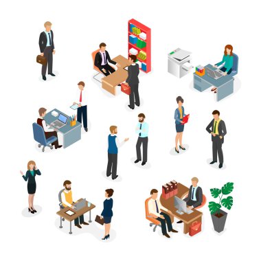 Ofis personeli iş yerinde. Ofiste iş günü. 3D izometrik çizimde. 