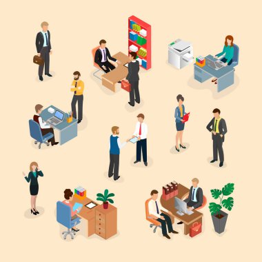 Ofis personeli görevlerini yerine sürecinde. Ofiste iş günü. 3D izometrik çizimde. 