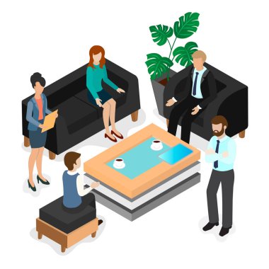 Tartışma ofiste. Güncel sorunlar ve konular tartışılması. İş coworking. İzometrik 3d illüstrasyon vektör.