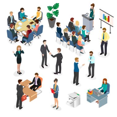 Ofis çalışanları çalışma gün boyunca. Uzay coworking çalışanlarının iş görüşmesi. İzometrik 3d illüstrasyon vektör.