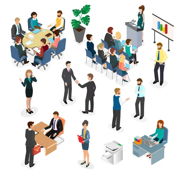 Office Workers Working Day Business Meeting Employees Coworking Space Isometric — Stock Vector