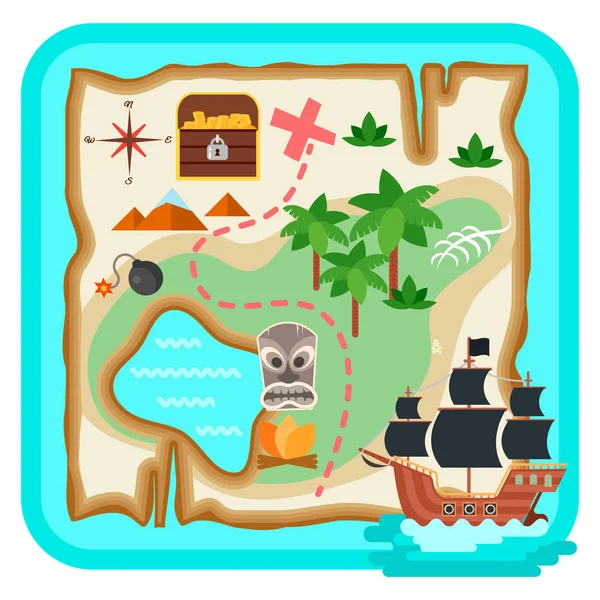 Mapa Treasure Island Barco Pirata Plan Caza Cofre Con Monedas — Vector de stock