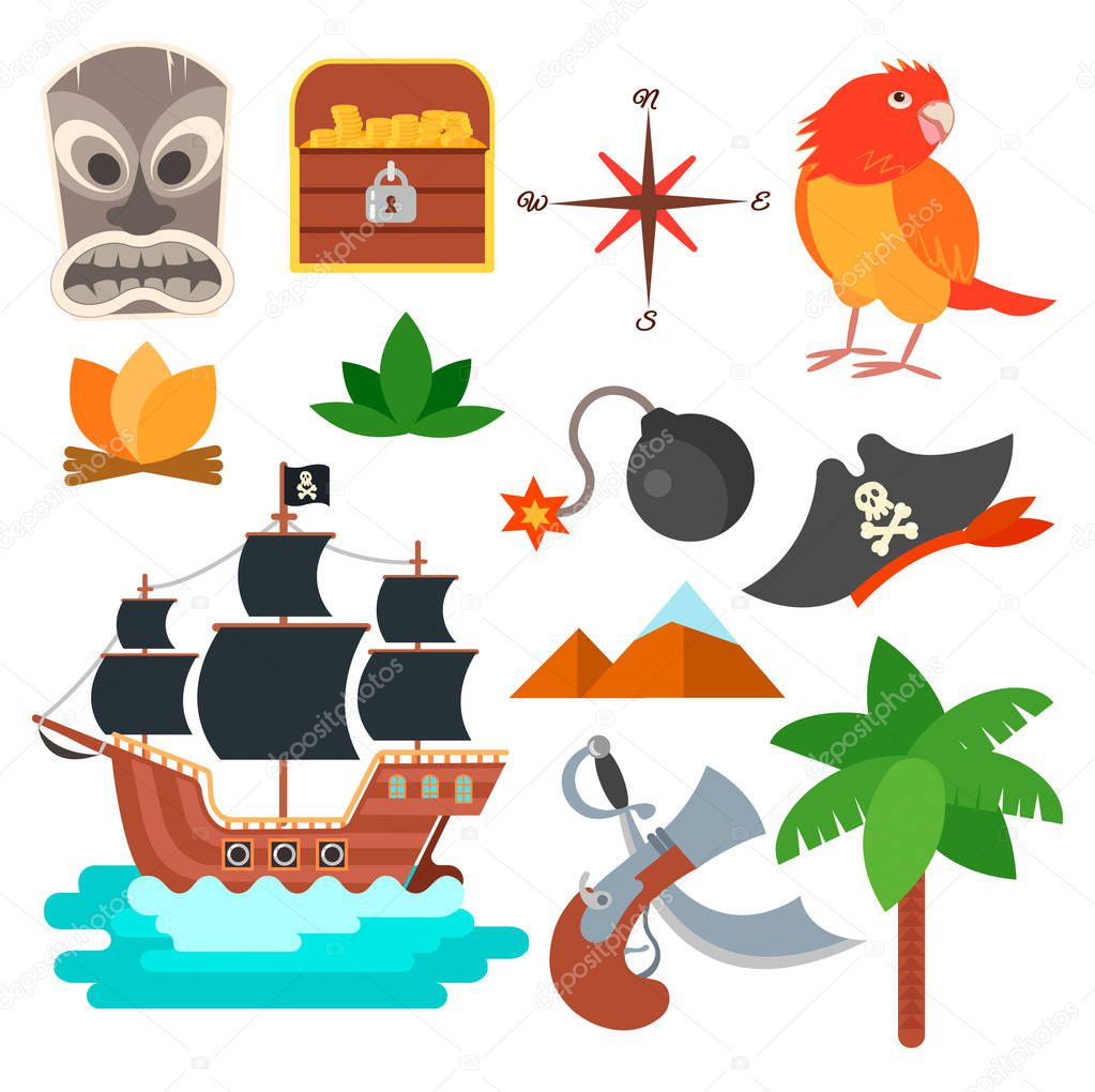 Pirate icons, elements. Hat, ship, mask of savages, sword, pistol, chest with gold coins, palm, bomb, the mountains. Elements for the design of a pirate game or a diploma of victory in a pirate quest. Vector illustration.