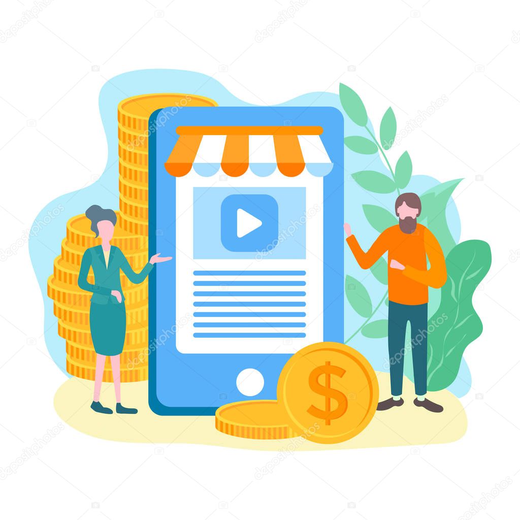 Mobile marketing concept. Idea of e-commerce, technology and social media. Business partners present a new application. Online store, online shopping vector illustration.