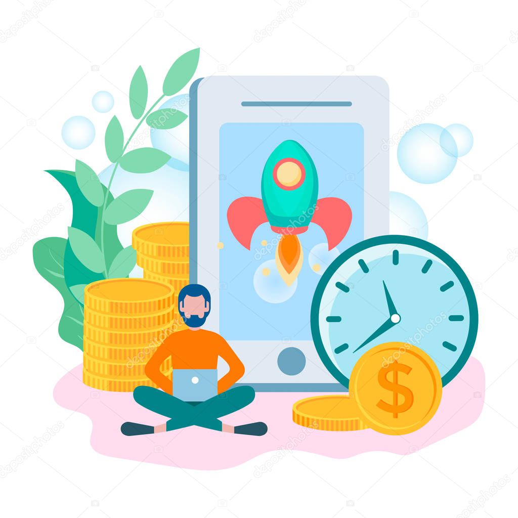 Concept startup online business, sales growth, the development of earnings in the Internet. Vector illustration for banners, landing pages, blogs, advertising posters.