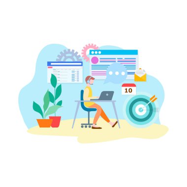 Kulaklık ve mikrofon, iş görüşmeleri, son tarih kavramı ile Internet iş, online pazarlamacı. Vektör çizim reklam, web, mobil uygulamalar, Bloglar için.