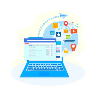 Kavram online dünya çapında Internet Sosyal medya pazarlama. Web tasarım, Bloglar ve reklam afişleri için vektör çizim.