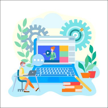Online eğitim, internet kursları, kavram koçluk eğitim. Genç adamın bir eğitim online alır. Web tasarım, reklam afişleri ve Bloglar için vektör çizim.