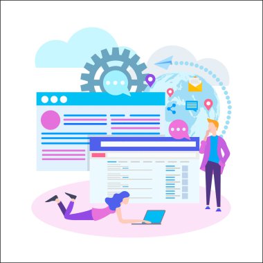Kavramsal web seo illüstrasyon. Ekip çalışması projesi, web ajansı kavramı. Vektör çizim için web reklam, sosyal medya, kartları ve posterler.