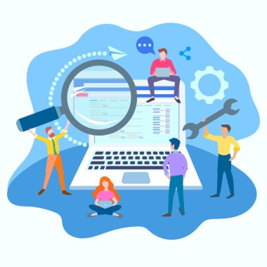 Ağ ayarı kavramı. Takım iş Seo Optimizasyonu Internet pazarlama online dünya çapında. Web tasarım, reklam afişler, bloglama, sunumlar için vektör çizim.