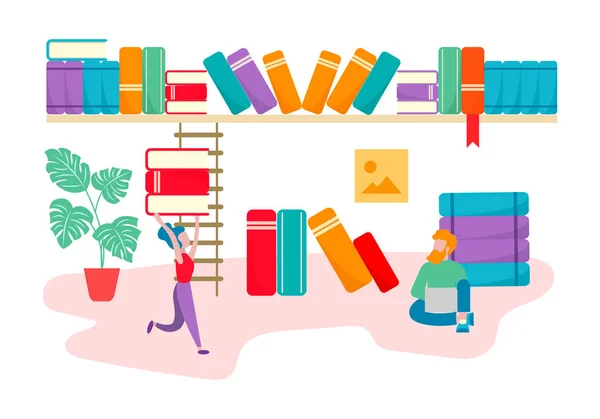 Joven Joven Biblioteca Concepto Aprendizaje Educación Mundo Los Libros Ilustración — Vector de stock