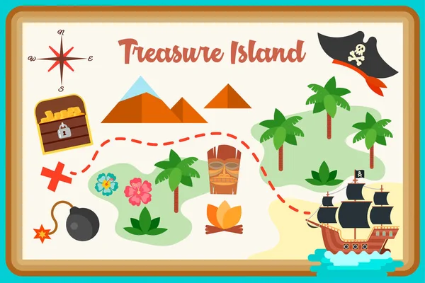 Mapa Tesouro Ilha Projeto Plano Navio Pirata Baú Com Moedas — Vetor de Stock