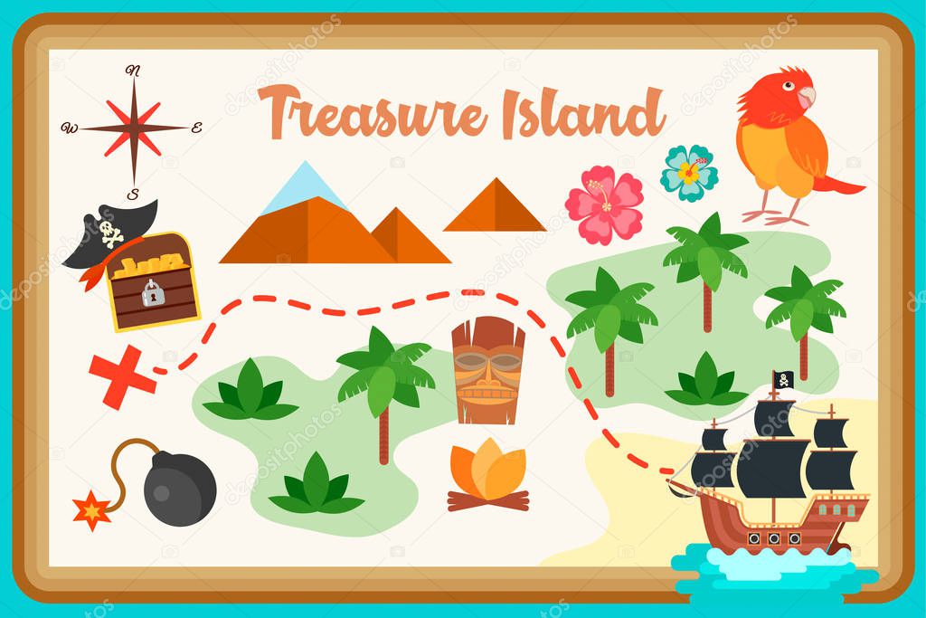 Map of treasure island flat design Pirate ship, Parrot, a chest with gold coins, the camp of savages, the path to the treasure for playing pirates, competitions, contests and quests. 