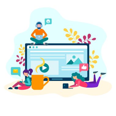 Mesajlarý almak ve tablet ekran önünde genç insanların sosyal ağlarda iletişim. Sosyal medya pazarlama illüstrasyon kavramı. 