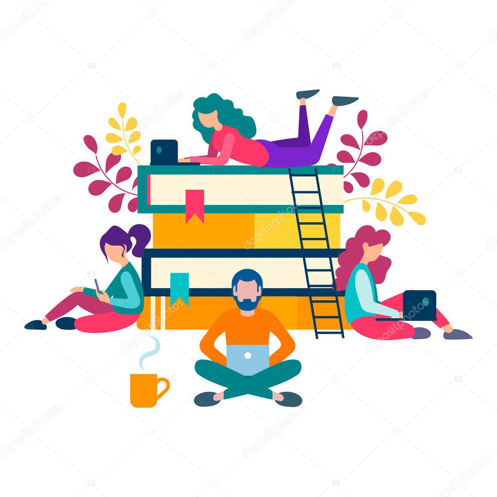 Young people around a stack of books are getting online education, chatting on social networks and working as freelancers. Vector illustration for banners, social networks and advertising posters.