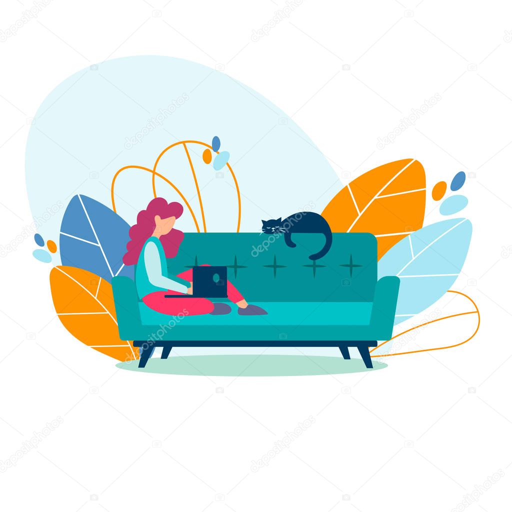 Student girl, freelancer studying, working on a laptop at home sitting on the couch with her cat. Freelance, online education concept. Vector illustration.