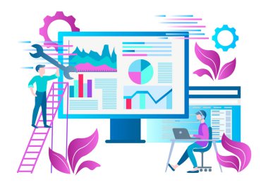 Pazarlama ve bir bilgisayar online dünya çapında sitelerine kadar ayarlama, takım seo optimizasyon programlama kavramı. Web tasarım, reklam afişleri, sunumlar, bloglama sosyal ağlar için vektör çizim.