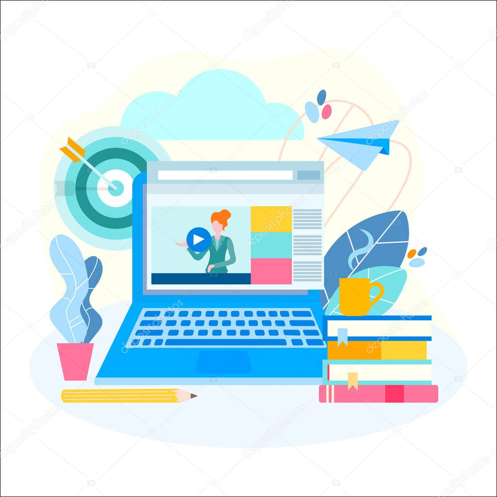 Distance education, online courses, remote learning concept.  Vector illustration for web design, banners, blogging, social marketing and advertising posters.