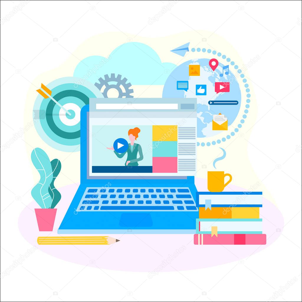 Distance education, online courses, remote learning concept. The opportunity to receive education from anywhere in the world staying at home. Vector illustration for web design, banners, blogging, social marketing and advertising posters