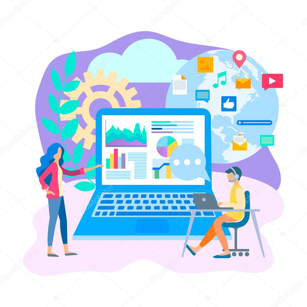 Social Media Marketing All over the world Concept. Manager marketer for online marketing optimization. Vector illustration for web design, banners, blogging, social networks, apps and advertising posters.