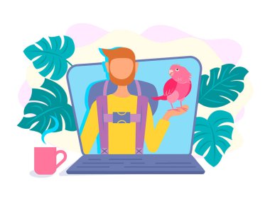 Blogger video vloger dizüstü bilgisayar ekranında elini ve bir sırt çantası onun arkasından bir papağan ile seyahat hakkında bir video. Vektör çizim için blogging, sosyal medya, posterler.