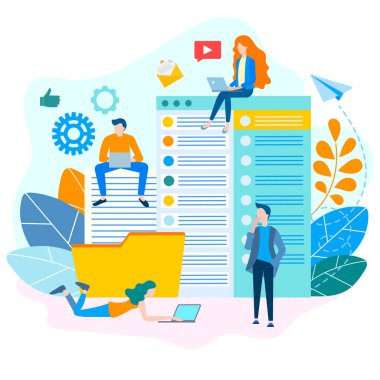 Teamwork, search engine, work on the workflow in the office, finding solutions, brainstorming. Flat vector illustration for web design, social media advertising, posters and blogging. clipart