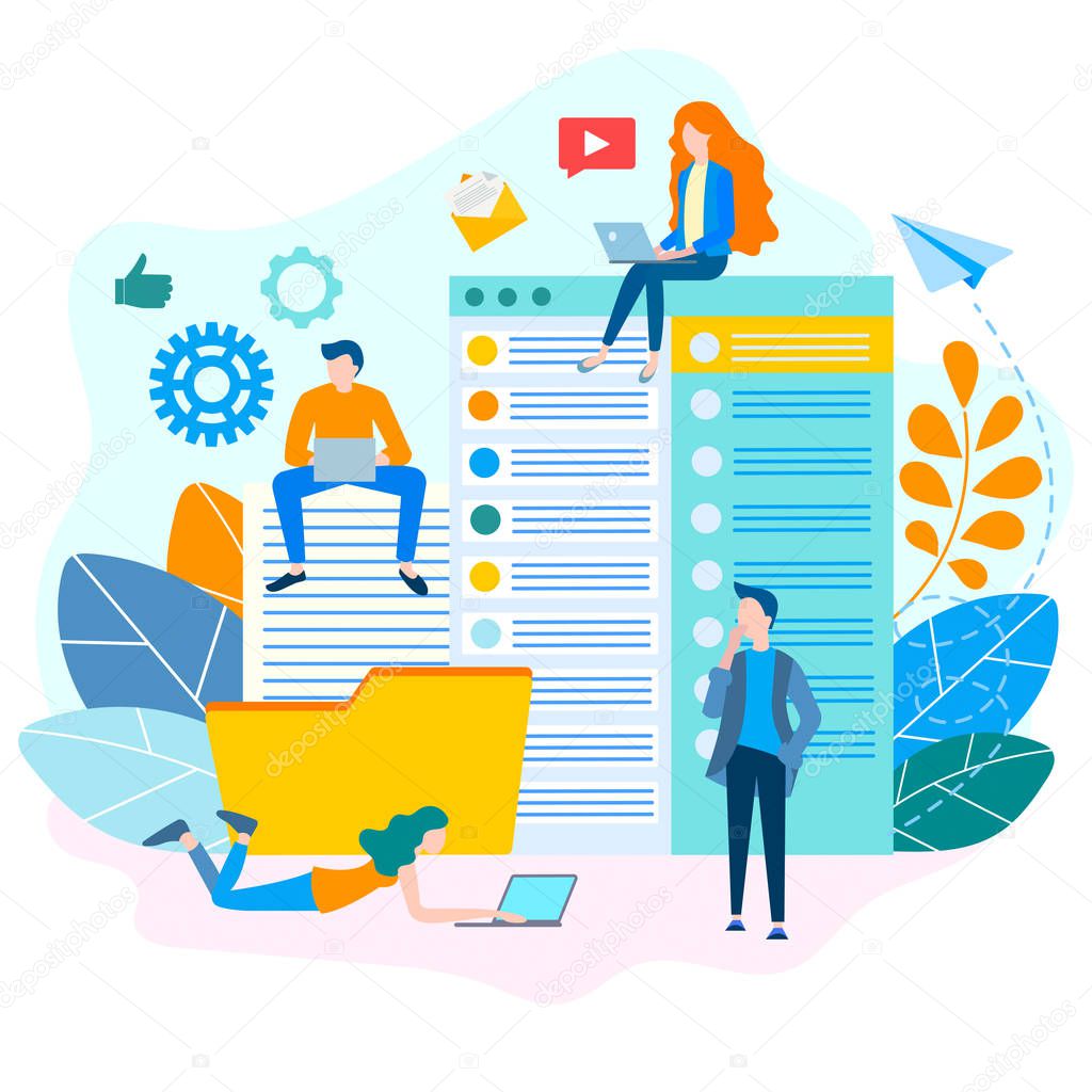 Teamwork, search engine, work on the workflow in the office, finding solutions, brainstorming. Flat vector illustration for web design, social media advertising, posters and blogging.