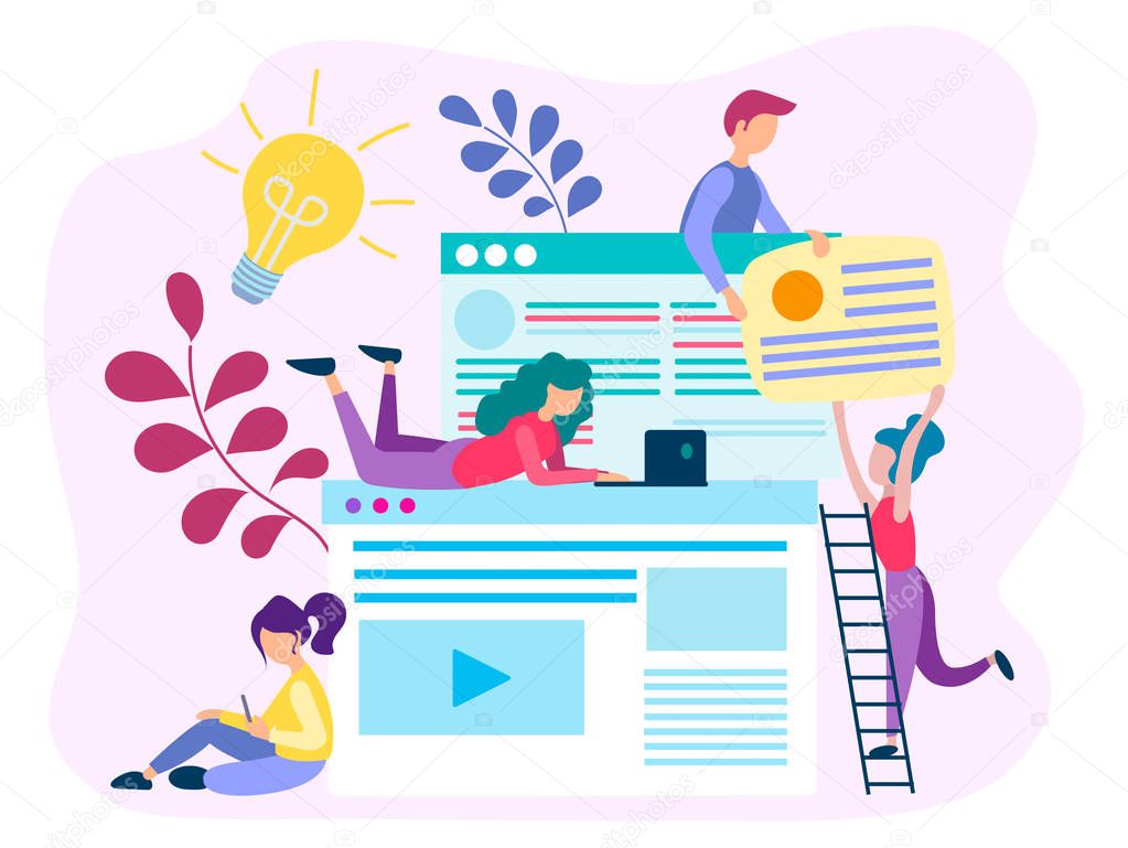 Young marketers and programmers are working on the construction site, corporate work, teamwork. successful business intrnet project concept. Vector illustration for web design, advertising posters, blogging, advertising in social networks, presentati