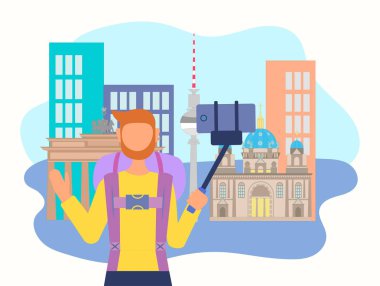 Turistik bir selfie Berlin arka plan üzerinde bir cep telefonu alır. Vektör çizim.
