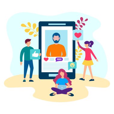 İletişim ve dating online, sosyal medya kavramı, ağ, online kişi arama gençlerin iletişim. Sosyal medya, posterler, Bloglar için vektör çizim.