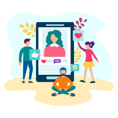 İletişim ve dating online, sosyal medya kavramı, gençlerin ağ iletişim. Vektör çizim.