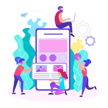 Mobil uygulama geliştirme, ekip çalışması, web tasarımcıları ve web analytics tasarım üzerinde çalışmaya ve mobil uygulamaları geliştirmek. Vektör çizim.