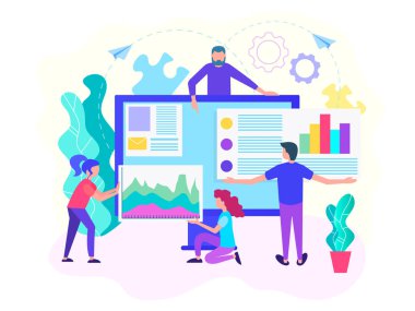 Web geliştirme, web analytics, web tasarım, ekip çalışması kavramı. Vektör çizim için web tasarım, posterler, sosyal medya.