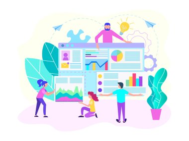 Pazarlamacılar, programcılar, web analistler bir web sitesi tasarımı oluşturmak için takım çalışması. Recruting, İK analytics kavramı. Vektör çizim için web tasarım.