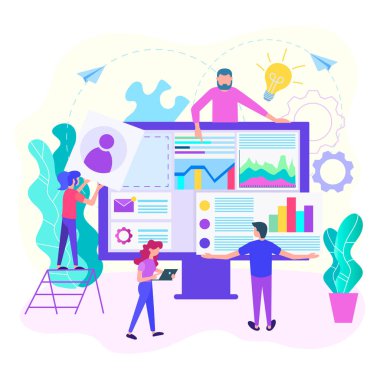 Programcılar, pazarlamacılar, web analistler çalışma web sitesi oluşturmak için bir ekip. Web geliştirme, web analitics, web tasarım konsepti. Web tasarım, sosyal ağlar, Bloglar, reklam posterleri için vektör çizim.