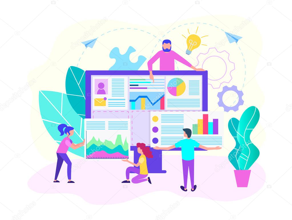 Teamwork of web designers, programmers, web analysts to create a web site design. Recruting , HR analytics concept. Vector illustration for web-design.