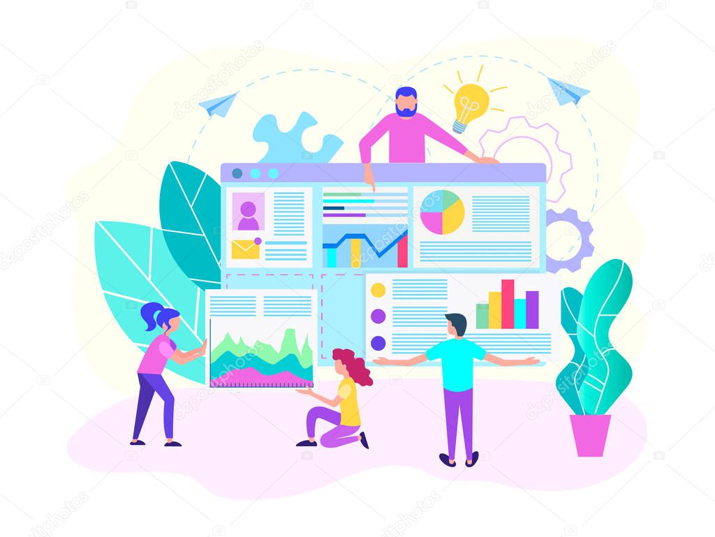 Teamwork of marketers, programmers, web analysts to create a web site design. Recruting , HR analytics concept. Vector illustration for web-design.