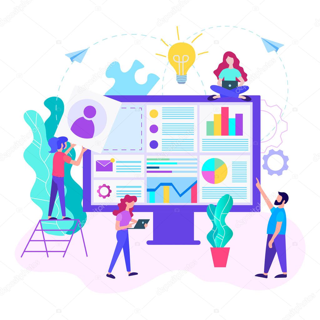 Programmers, marketers, web analysts work in a team to create website. Web development, web design concept. Vector illustration for web design, social networks, blogs, advertising posters.