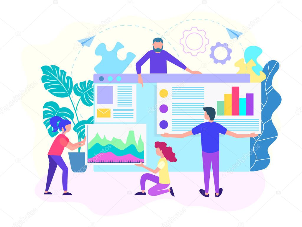 Programmers, marketers, web analysts work in a team to create a high-quality selling site. Web development, web design concept. Vector illustration for web design, social networks, blogs, advertising posters.