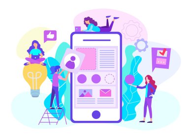 Web tasarımcıları bir mobil uygulama oluşturmaya çalışıyoruz. Web geliştirme online app, Internet siteleri. Vektör çizim web tasarım, blogging, sosyal medya, afiş için.